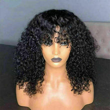 Load image into Gallery viewer, Luxury Remy Curly Bangs Fringe Black #1B Black 100% Human Hair Swiss 13x4 Lace Front Glueless Wig #1B U-Part, 360 or Full Lace Upgrade Available