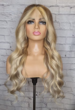 Load image into Gallery viewer, Luxury Balayage Ombre Highlight Ash Blonde Dark Roots 100% Human Hair Swiss 13x4 Lace Front Wig U-Part or Full Lace Upgrade Available