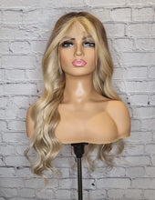 Load image into Gallery viewer, Luxury Balayage Ombre Highlight Ash Blonde Dark Roots 100% Human Hair Swiss 13x4 Lace Front Wig U-Part or Full Lace Upgrade Available