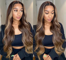 Load image into Gallery viewer, Luxury Dark Brown Balayage Highlight 100% Human Hair Swiss 13x4 Lace Front Glueless Wig  Blonde U-Part, 360 or Full Lace Upgrade Available