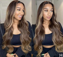 Load image into Gallery viewer, Luxury Dark Brown Balayage Highlight 100% Human Hair Swiss 13x4 Lace Front Glueless Wig  Blonde U-Part, 360 or Full Lace Upgrade Available
