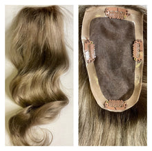 Load image into Gallery viewer, Luxury Dark Ash Blonde Human Hair Body Wave Topper Wig For Women 8*15cm Breathable MONO PU Base With Clip In Hair Toupee Hair Piece 130%