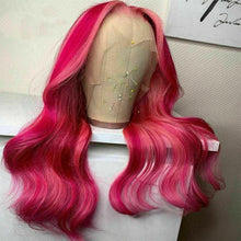 Load image into Gallery viewer, Luxury Remy Pink Fuchsia Balayage Highlight 100% Human Hair Swiss 13x4 Lace Front Glueless Wig Ombre Wavy Colouful Full Lace Upgrade Available
