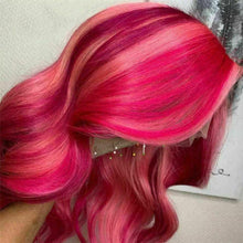 Load image into Gallery viewer, Luxury Remy Pink Fuchsia Balayage Highlight 100% Human Hair Swiss 13x4 Lace Front Glueless Wig Ombre Wavy Colouful Full Lace Upgrade Available
