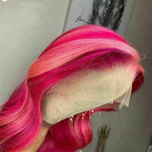 Load image into Gallery viewer, Luxury Remy Pink Fuchsia Balayage Highlight 100% Human Hair Swiss 13x4 Lace Front Glueless Wig Ombre Wavy Colouful Full Lace Upgrade Available