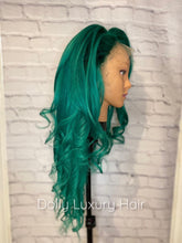 Load image into Gallery viewer, Luxury Brazilian Emerald Green 100% Human Hair Swiss 13x4 Lace Front Glueless Wig Wavy Colourful U-Part, 360 or Full Lace Upgrade Available