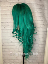 Load image into Gallery viewer, Luxury Brazilian Emerald Green 100% Human Hair Swiss 13x4 Lace Front Glueless Wig Wavy Colourful U-Part, 360 or Full Lace Upgrade Available