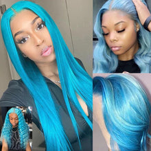 Load image into Gallery viewer, Luxury Straight Light Blue 100% Human Hair Swiss 13x4 Lace Front Glueless Wig Colouful U-Part, 360 or Full Lace Upgrade Available