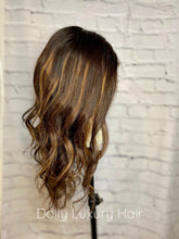 Load image into Gallery viewer, Luxury Caramel Mocha Brown Balayage Highlight 100% Human Hair Swiss 13x4 Lace Front Glueless Wig U-Part, 360 or Full Lace Upgrade Available