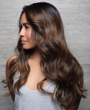 Load image into Gallery viewer, Luxury Dark Brown with Caramel 100% Human Hair Swiss 13x4 Lace Front Glueless Wig Wavy U-Part, 360 or Full Lace Upgrade Available