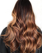 Load image into Gallery viewer, Luxury Sunset Caramel Brown Highlight Balayage 100% Human Hair Swiss 13x4 Lace Front Glueless Wig Wavy U-Part, 360 or Full Lace Upgrade Available