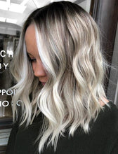 Load image into Gallery viewer, Luxury Platinum Blonde Bayalage on Black Hair 100% Human Hair Swiss 13x4 Lace Front Glueless Wig Wavy U-Part, 360 or Full Lace Upgrade Available