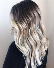 Load image into Gallery viewer, Luxury Cold White  Platinum Balayage Dark Roots 100% Human Hair Swiss 13x4 Lace Front Glueless Wig Wavy U-Part or Full Lace Upgrade Available