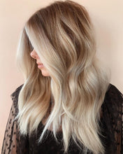 Load image into Gallery viewer, Luxury Muted Blonde Champagne Platinum Balayage 100% Human Hair Swiss 13x4 Lace Front Wig Wavy U-Part, 360 or Full Lace Upgrade Available