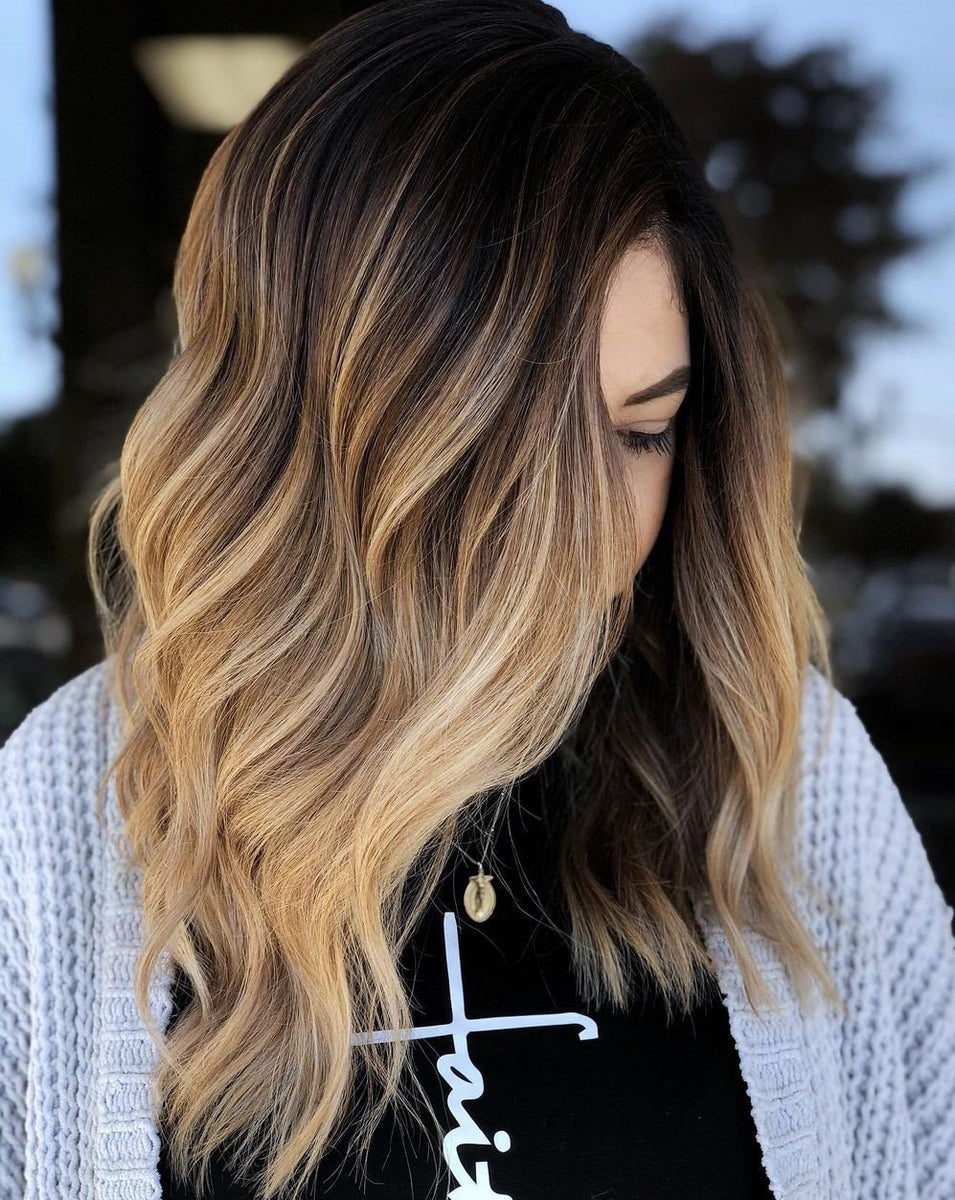 Luxury Light Caramel Blonde Dark Brown Roots Balayage 100  display picture 2