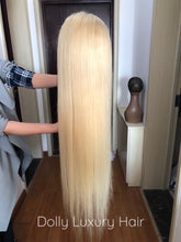 Load image into Gallery viewer, Luxury 30” 32” 34” 36” 38” 40” inches Platinum Bleach Blonde #613 Virgin Human Hair Swiss 13x4 Lace Front Glueless Wig Human Straight Long