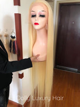 Load image into Gallery viewer, Luxury 30” 32” 34” 36” 38” 40” inches Platinum Bleach Blonde #613 Virgin Human Hair Swiss 13x4 Lace Front Glueless Wig Human Straight Long