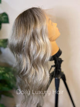 Load image into Gallery viewer, SARA | Luxe Cool Ash Blonde Balayage Human Hair Swiss 13x4 Lace Front Glueless Wig  Bleached Knots Transparent Lace Full Lace Upgrade Available