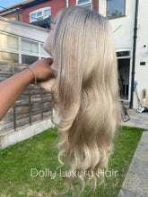 Load image into Gallery viewer, Luxury Brown Ash Blonde Balayage Highlight 100% Human Hair Swiss 13x4 Lace Front Glueless Wig Wavy U-Part, 360 or Full Lace Upgrade Available