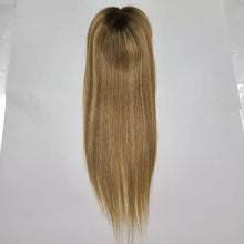 Load image into Gallery viewer, Luxury Silk Base Light Brown Blonde Balayage Straight With Clip In Human Hair Topper Wig Women 150% Virgin Cuticle Remy Hairpieces Toupee