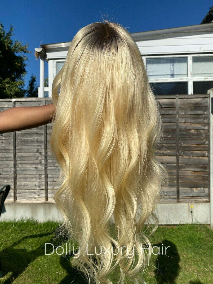 Luxury Platinum Blonde Dark Roots 100% Human Hair Swiss 13x4 Lace
