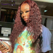 Load image into Gallery viewer, Luxury Remy Wavy 99J Burgundy Red Deep Curly 100% Human Hair Swiss 13x4 Lace Front Glueless Wig Colouful U-Part or Full Lace Upgrade Available