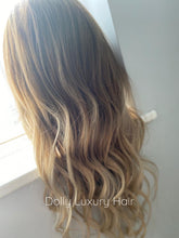 Load image into Gallery viewer, Luxury Remy Wavy Ash Blonde Ombre 100% Human Hair Swiss 13x4 Lace Front Wig Balayage Highlight U-Part, 360 or Full Lace Upgrade Available