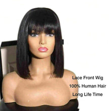 Load image into Gallery viewer, Luxury Brazilian Fringe Bangs Bob #1B Black 100% Human Hair Swiss 13x4 Lace Front Glueless Wig Short U-Part, 360 or Full Lace Upgrade Available