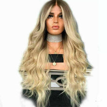 Load image into Gallery viewer, Luxury Remy Wavy Light Ash Blonde Ombre 100% Human Hair Swiss 13x4 Lace Front Glueless Wig Wave U-Part, 360 or Full Lace Upgrade Available