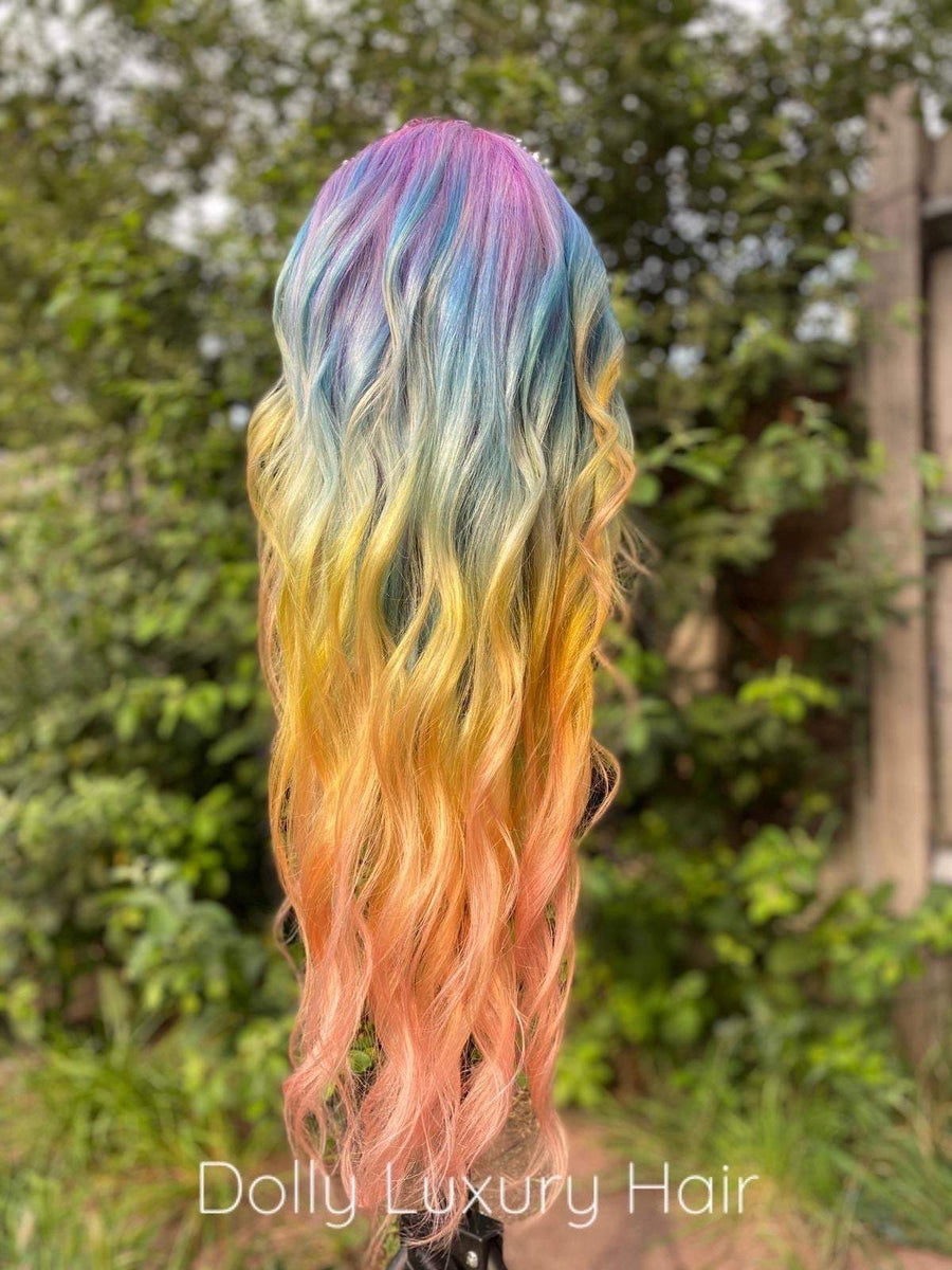 Orange purple blue pink green red yellow wig LADIES LONG NEON FANCY DRESS WIG BLUE AQUA GREEN RED ORANGE  main image 2