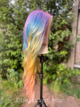 Load image into Gallery viewer, Luxury Lace Rainbow Orange Purple Green Blue Neon Bright Cosplay 100% Human Hair Swiss 13x4 Lace Front Glueless Wig Colouful