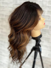 Load image into Gallery viewer, SIENNA | Luxe Chocolate Brown Balayage Human Hair Swiss 13x4 Lace Front Wig Bleached Knots Transparent Lace Full Lace Upgrade Available