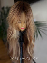 Load image into Gallery viewer, KARMEL | Luxe Golden Blonde Balayage Human Hair Swiss 13x4 Lace Front Wig Bleached Knots Transparent Lace Light Brown Full Lace Upgrade Available