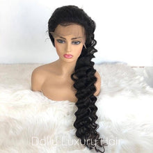 Load image into Gallery viewer, Luxury 30” 32” 34” 36” 38” 40” inches Natural Black #1B Virgin Human Hair Swiss 13x4 Lace Front Glueless Wig Deep Wave Black Long