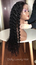 Load image into Gallery viewer, Luxury 30” 32” 34” 36” 38” 40” inches Natural Black #1B Virgin Human Hair Swiss 13x4 Lace Front Glueless Wig Water Wave Curly Long