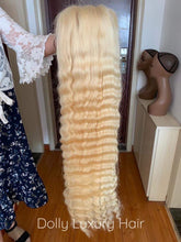 Load image into Gallery viewer, Luxury 30” 32” 34” 36” 38” 40” inches Platinum Bleach Blonde #613 Virgin 100% Human Hair Swiss 13x4 Lace Front Glueless Wig Deep Wave Long