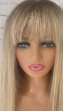 Load and play video in Gallery viewer, READY TO SHIP 24” 180% Full Lace Ash Blonde Light Golden Balayage Highlighted Human Hair Wig Full Fringe Bangs Layers