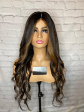 Load image into Gallery viewer, READY TO SHIP Luxury 26” 180% Dark Brown Balayage Silk Top Cap Wig Human Hair Swiss Glueless Sale Bleached Knots