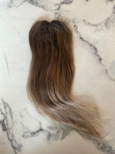 Load image into Gallery viewer, Luxury READY TO SHIP Balayage 16” Mono Topper 2.5”x4.5” Ash Blonde Root Smudge
