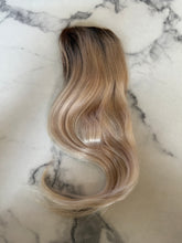 Load image into Gallery viewer, Luxury READY TO SHIP Balayage 18” Mono Topper 3.25”x 5” Ash Blonde Root Smudge
