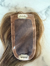 Load image into Gallery viewer, Luxury READY TO SHIP Balayage 14” Mono Topper 3”x5.5” Golden Blonde Light Blonde
