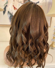 Load image into Gallery viewer, Luxury READY TO SHIP 16” 150% Dark Auburn Human Hair Full Lace Wig Transparent Glueless Bleached Knots Small Cap
