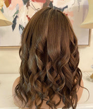 Load image into Gallery viewer, Luxury READY TO SHIP 16” 150% Dark Auburn Human Hair Full Lace Wig Transparent Glueless Bleached Knots Small Cap
