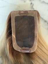 Load image into Gallery viewer, Luxury READY TO SHIP Balayage 18” Mono Topper 3.25”x 5” Ash Blonde Root Smudge
