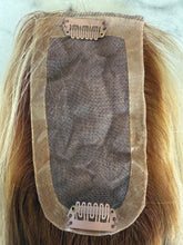 Load image into Gallery viewer, Luxury READY TO SHIP Balayage 18” Mono Topper 3”x5.5” Light Brown Light Blonde
