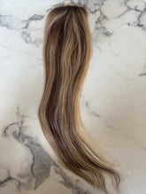 Load image into Gallery viewer, Luxury READY TO SHIP Balayage 18” Mono Topper 3”x5.5” Light Brown Light Blonde
