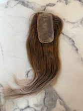 Load image into Gallery viewer, Luxury READY TO SHIP Balayage 16” Mono Topper 2.5”x4.5” Ash Blonde Root Smudge
