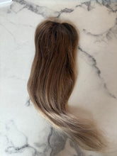 Load image into Gallery viewer, Luxury READY TO SHIP Balayage 16” Mono Topper 2.5”x4.5” Ash Blonde Root Smudge
