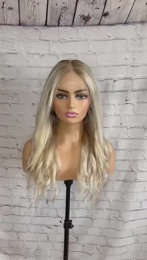 READY TO SHIP 18” 180% 360 Lace Ash Blonde Balayage Highlighted Bleached Knots Human Hair Wig