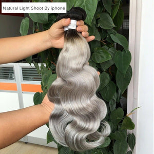 Luxury Peruvian Dark Roots Grey Gray Silver Body Wave Human Hair Extensions 10A